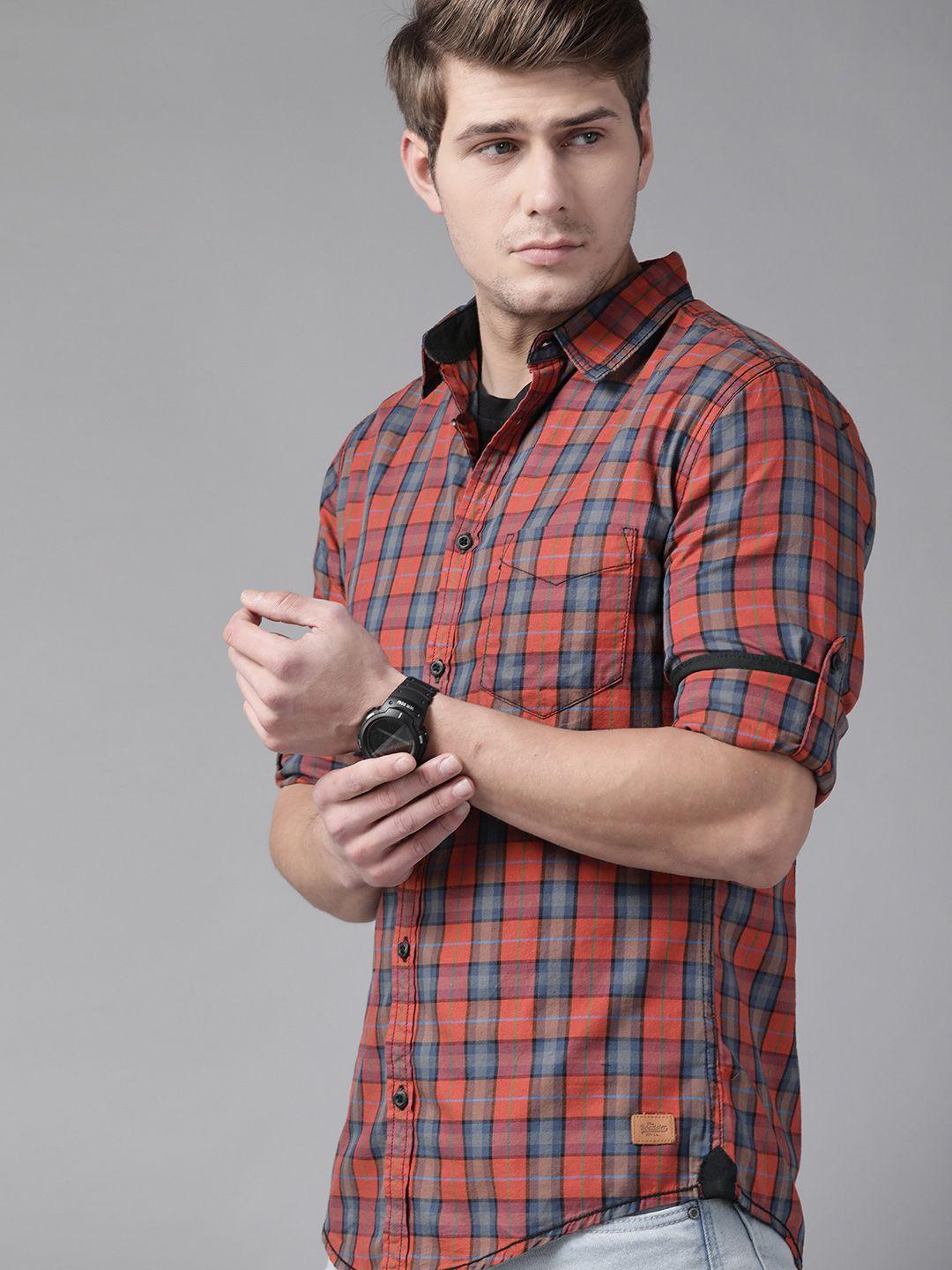 roadster men rust red & navy blue pure cotton slim fit tartan checked sustainable casual shirt