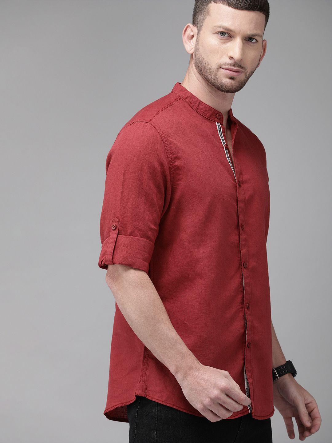 roadster men rust red regular fit solid casual linen shirt