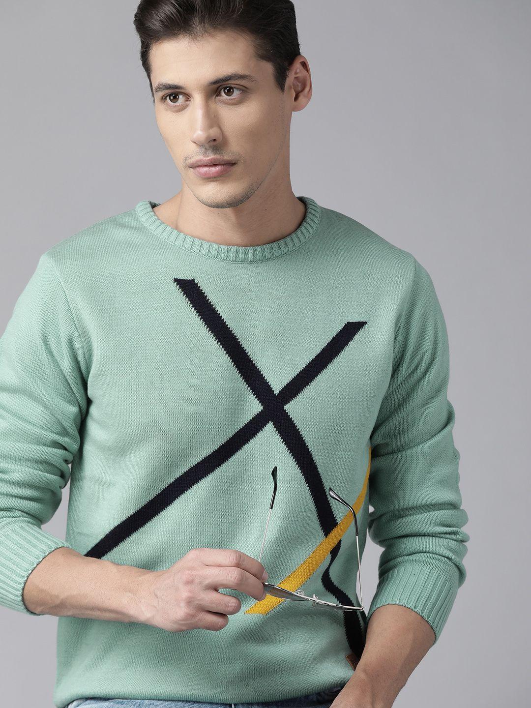 roadster men sea green & black self design pullover