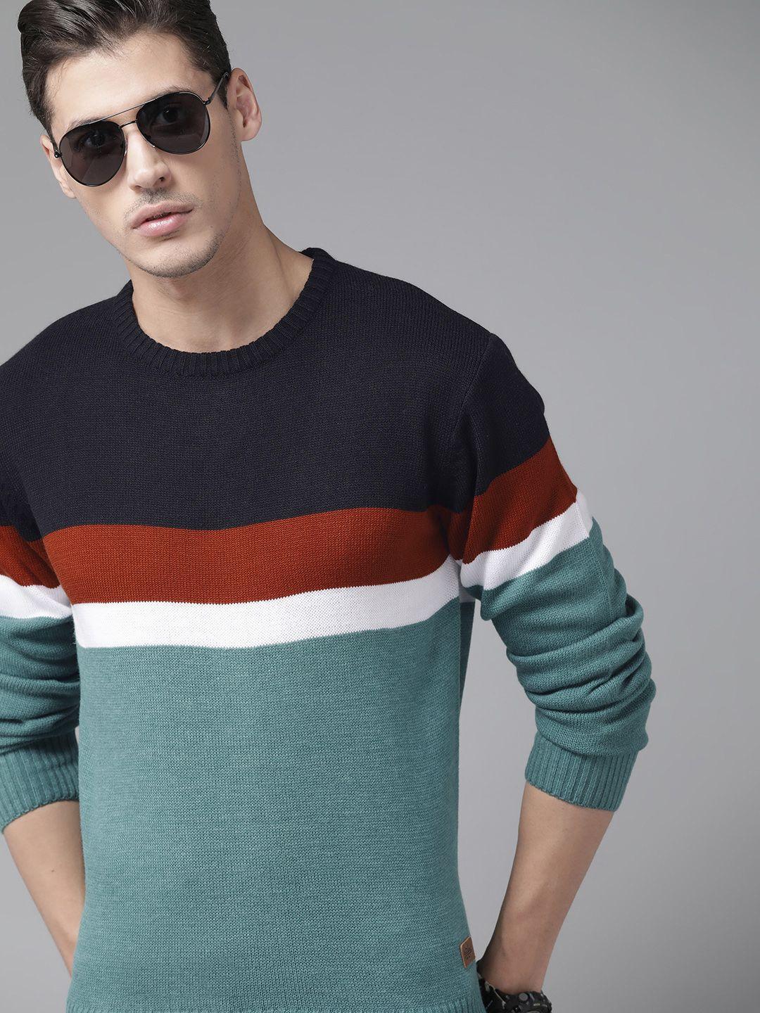 roadster men sea green & navy blue colourblocked pullover