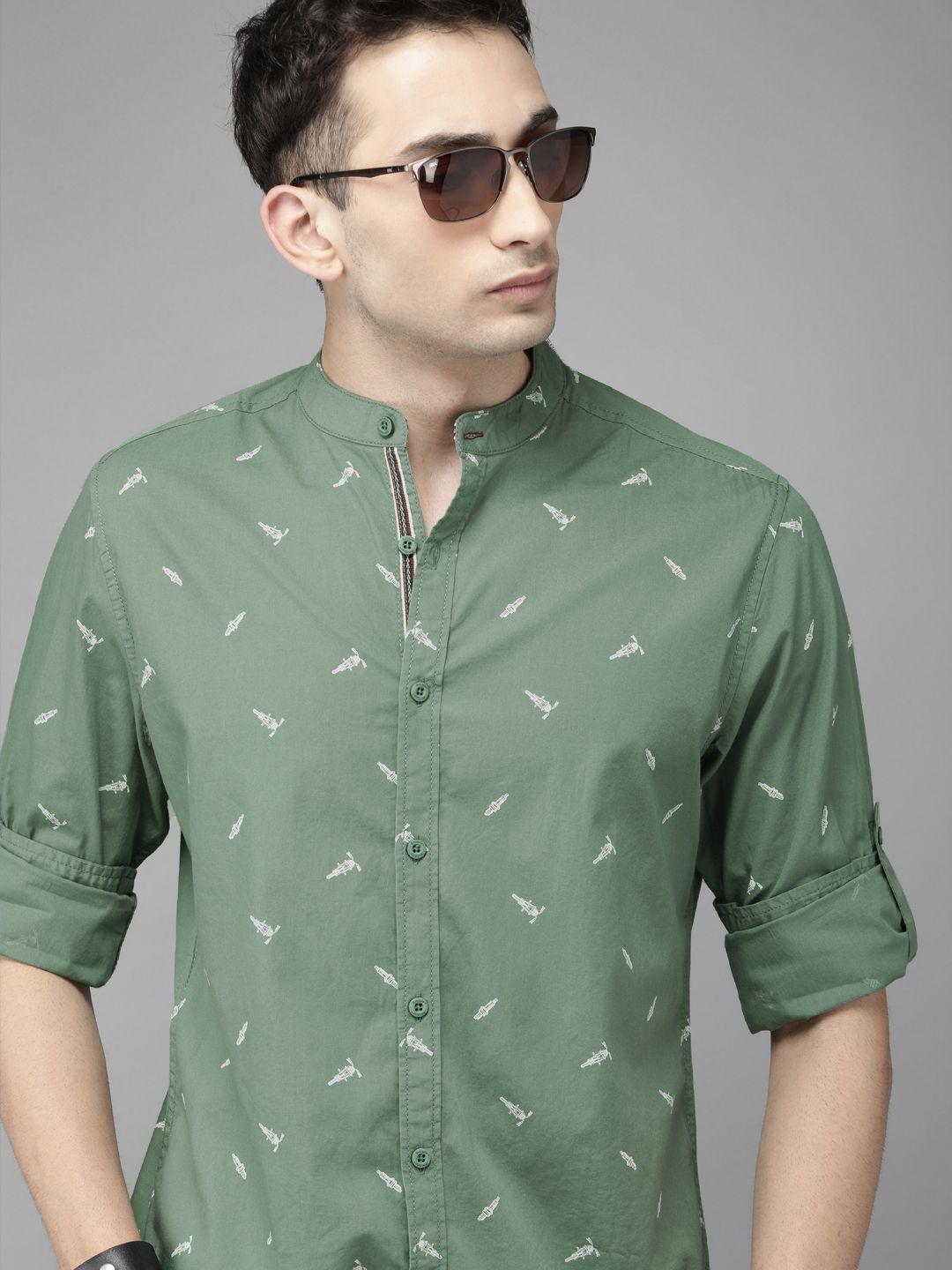 roadster men sea green & white regular fit printed sustainable casual shirt