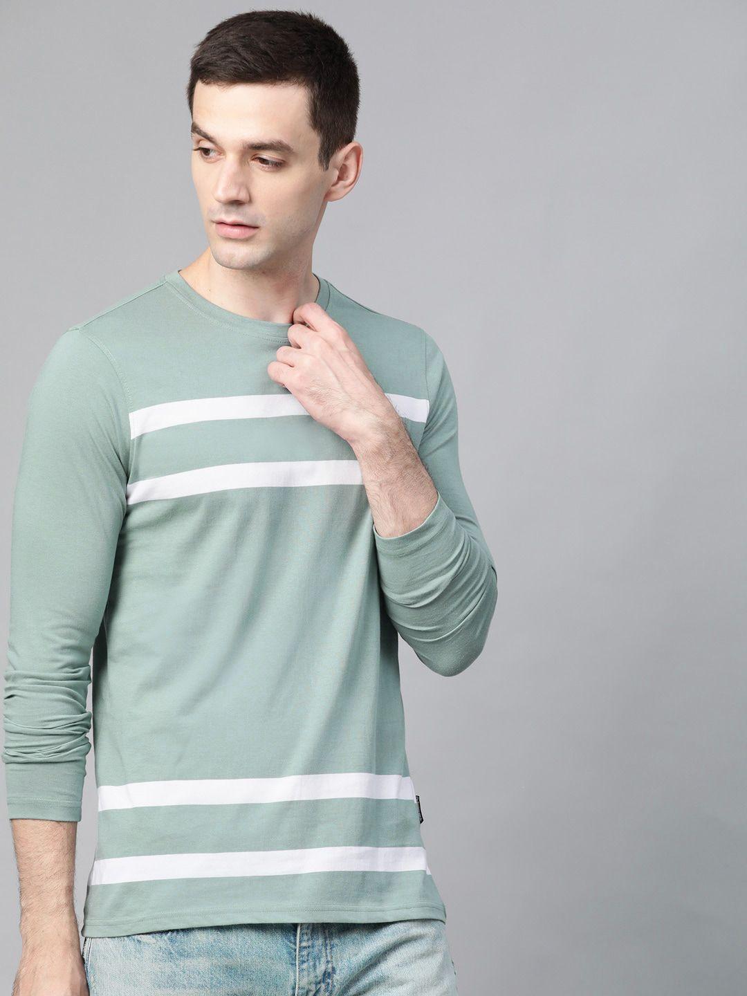 roadster men sea green  white striped round neck pure cotton t-shirt