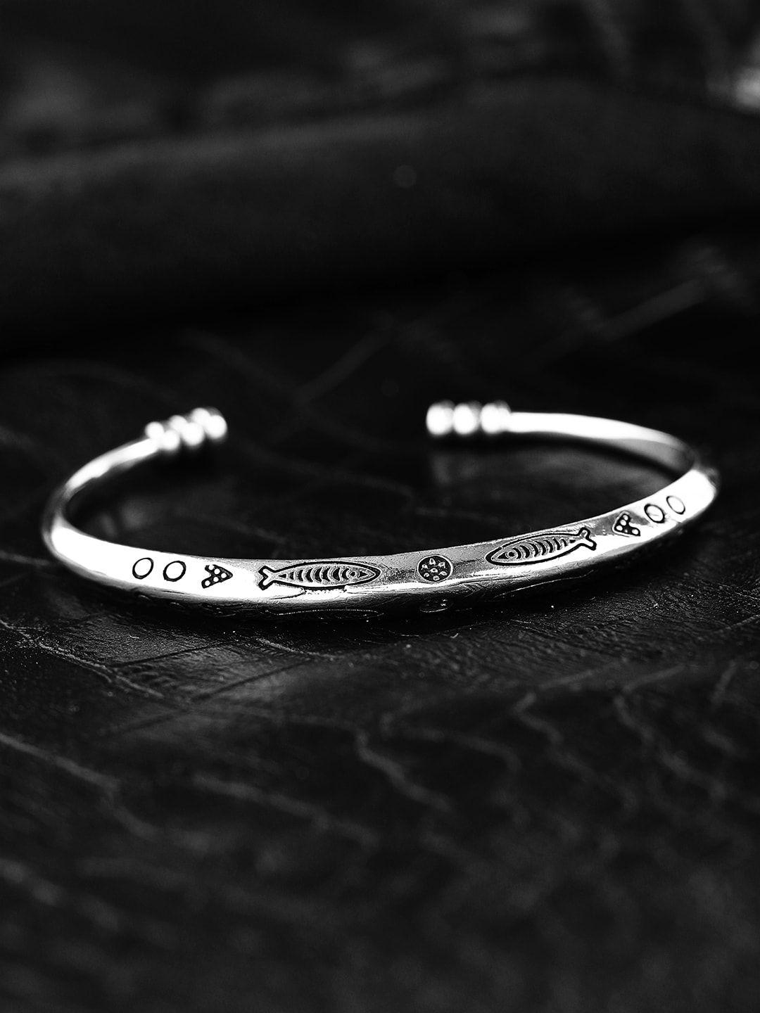 roadster men silver oxidised handcrafted tribal motifs silver-plated bangle-style bracelet