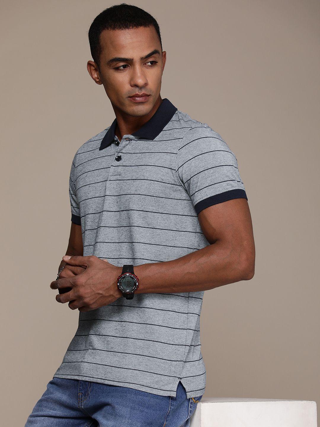 roadster men striped polo collar t-shirt