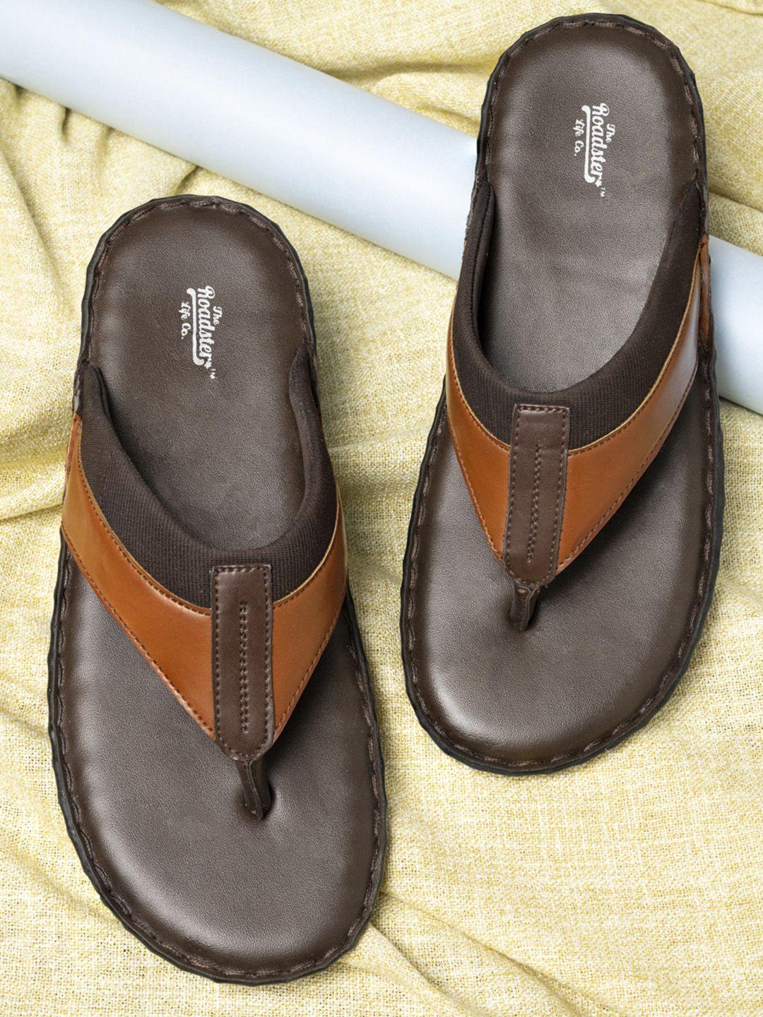 roadster men tan & coffee brown colourblocked thong flip-flops