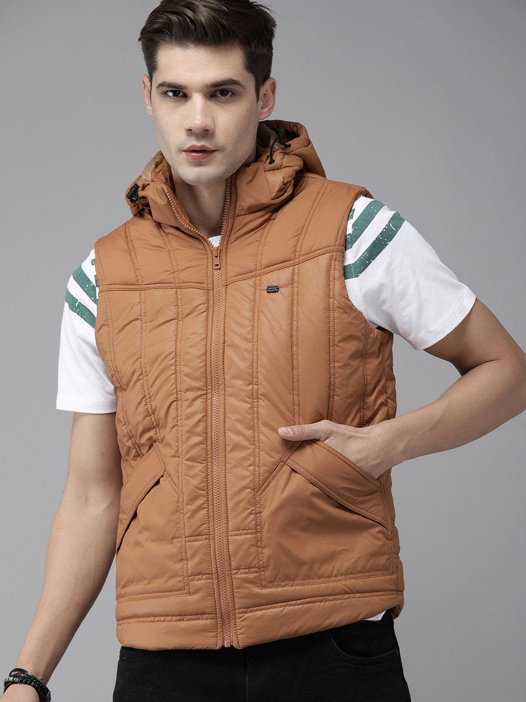 roadster men tan brown padded jacket with detachable hood