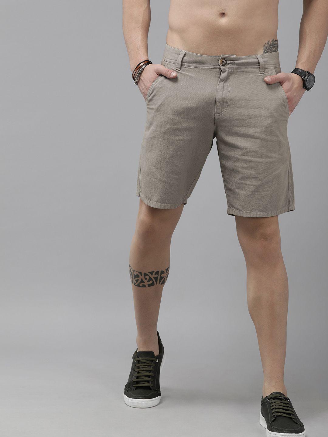 roadster men taupe slim fit cotton shorts
