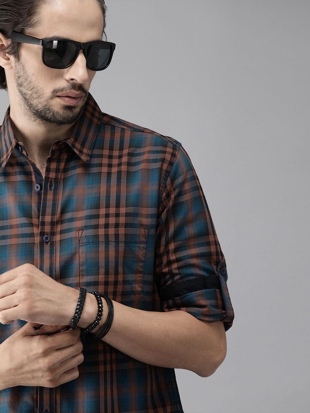roadster men teal & brown checked sustainable casual shirt