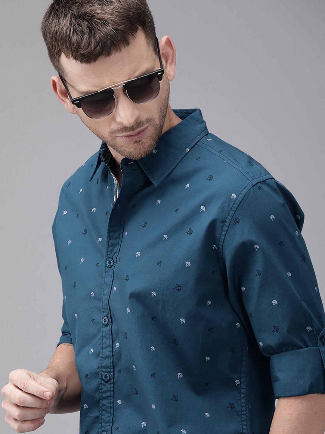 roadster men teal blue & black conversational printed pure cotton casual sustainable shirt