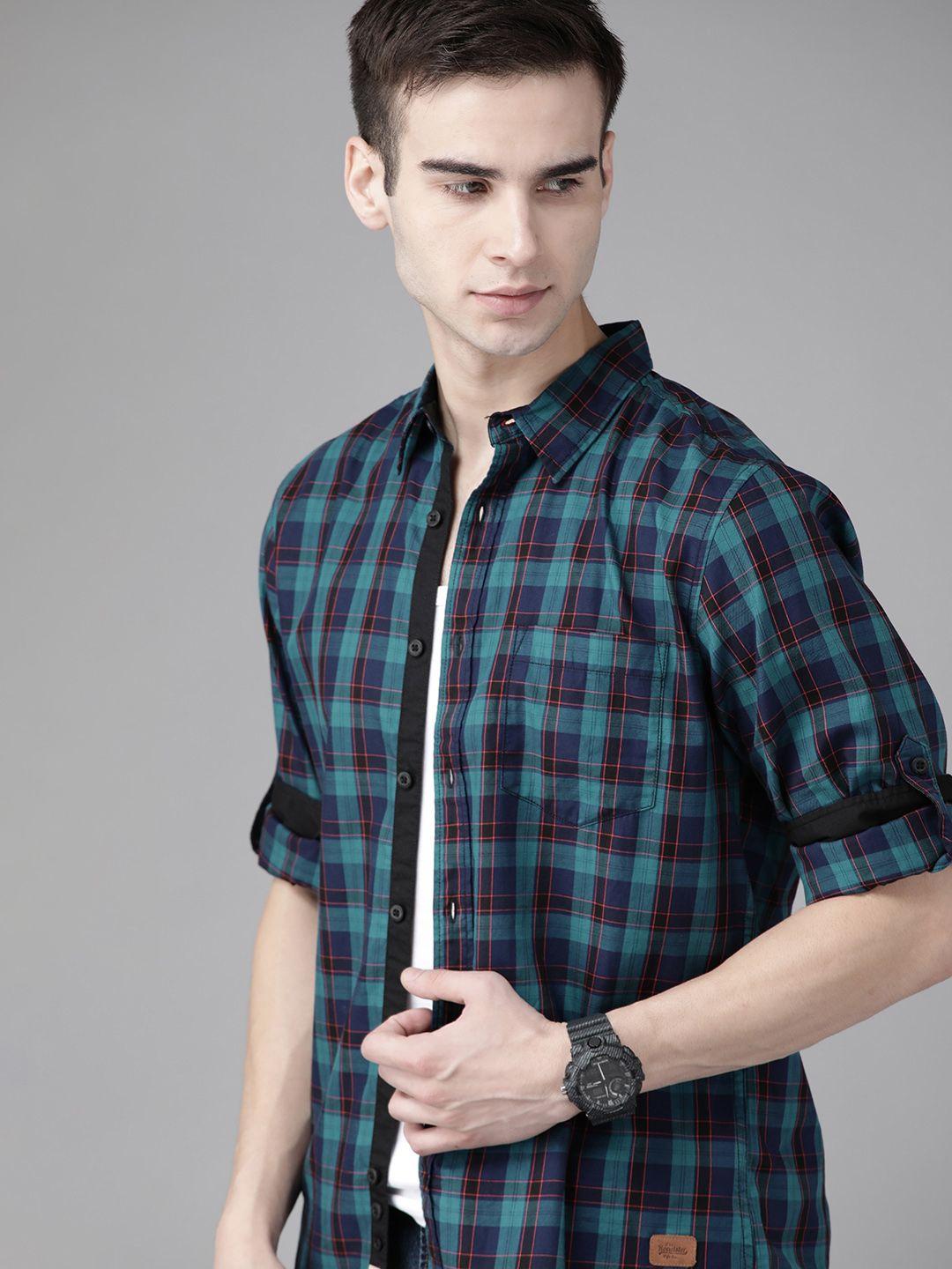 roadster men teal blue & black cotton tartan checks opaque checked sustainable casual shirt