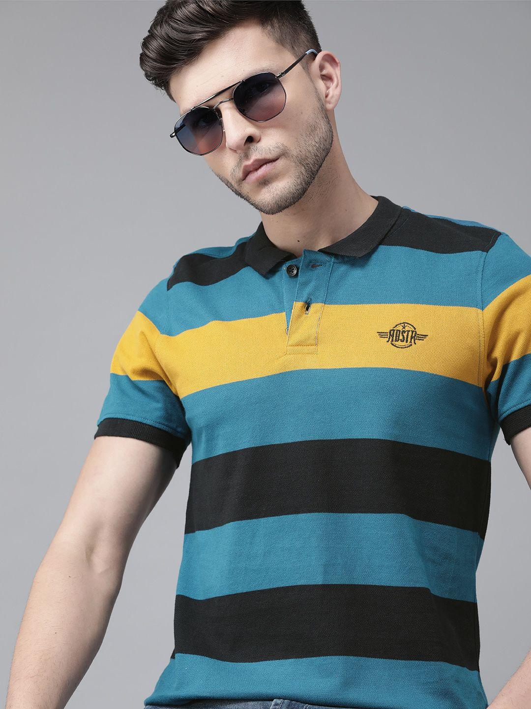 roadster men teal blue & black pure cotton colourblocked polo collar t-shirt