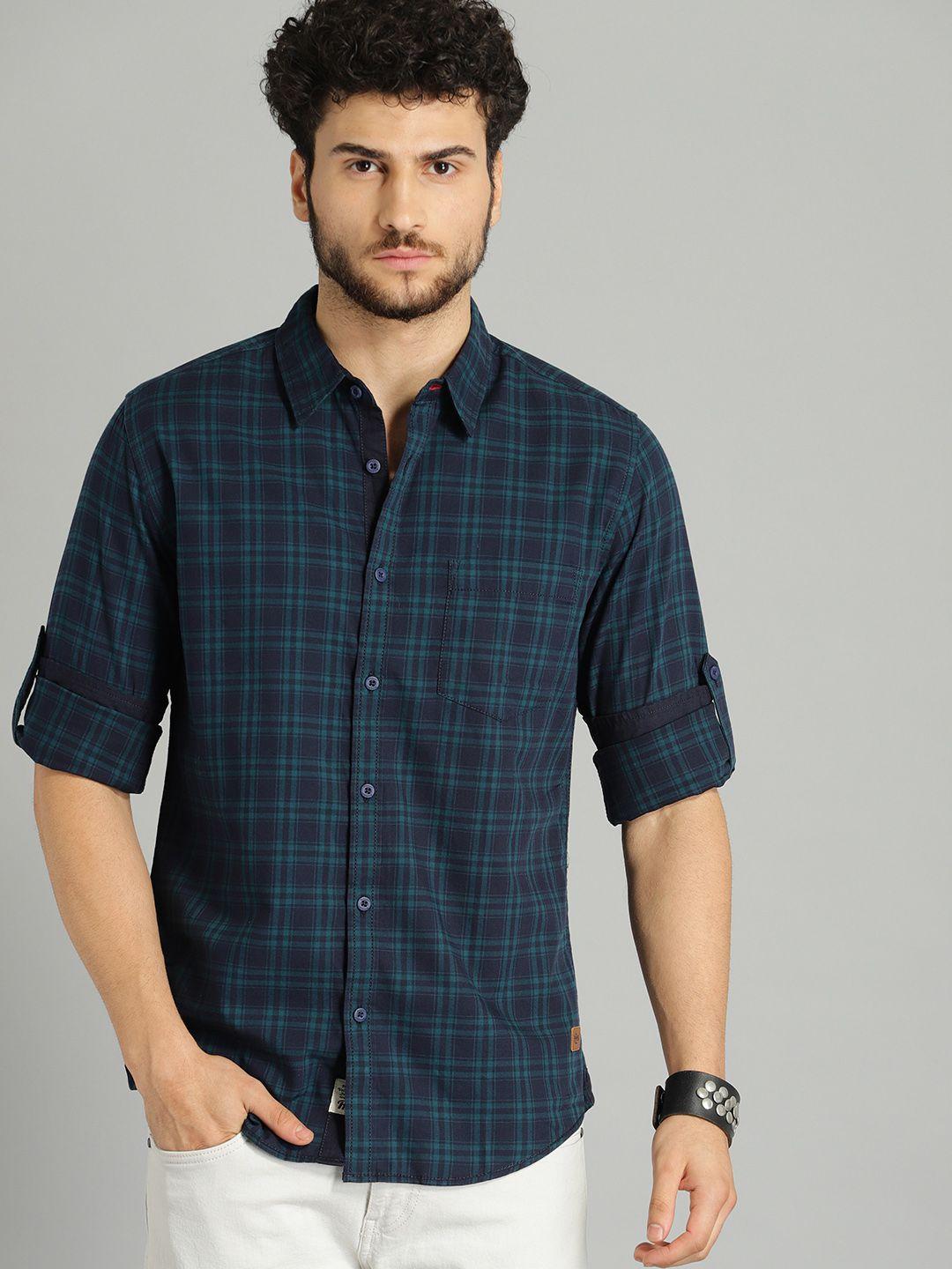 roadster men teal blue & navy blue checked pure cotton casual sustainable shirt