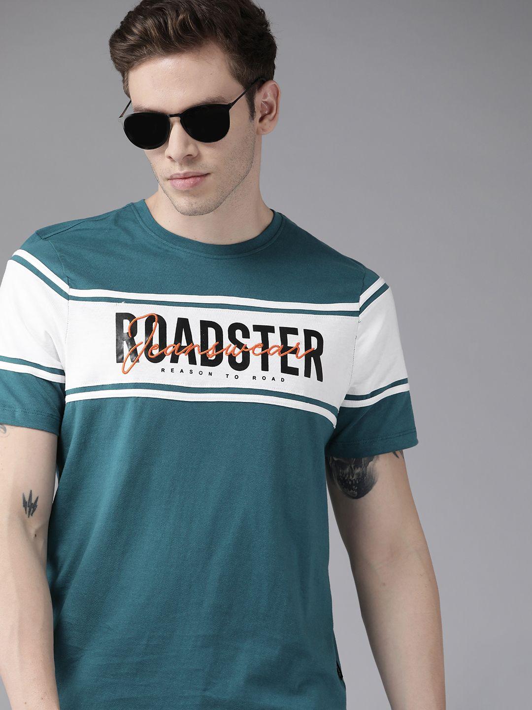 roadster men teal blue & white brand logo printed pure cotton t-shirt