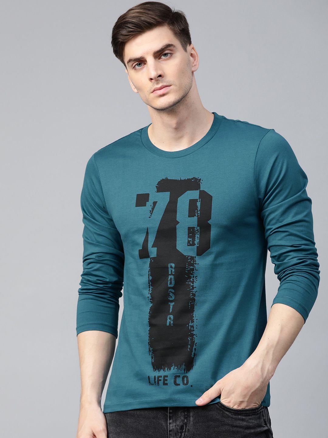 roadster men teal blue  black printed round neck pure cotton t-shirt