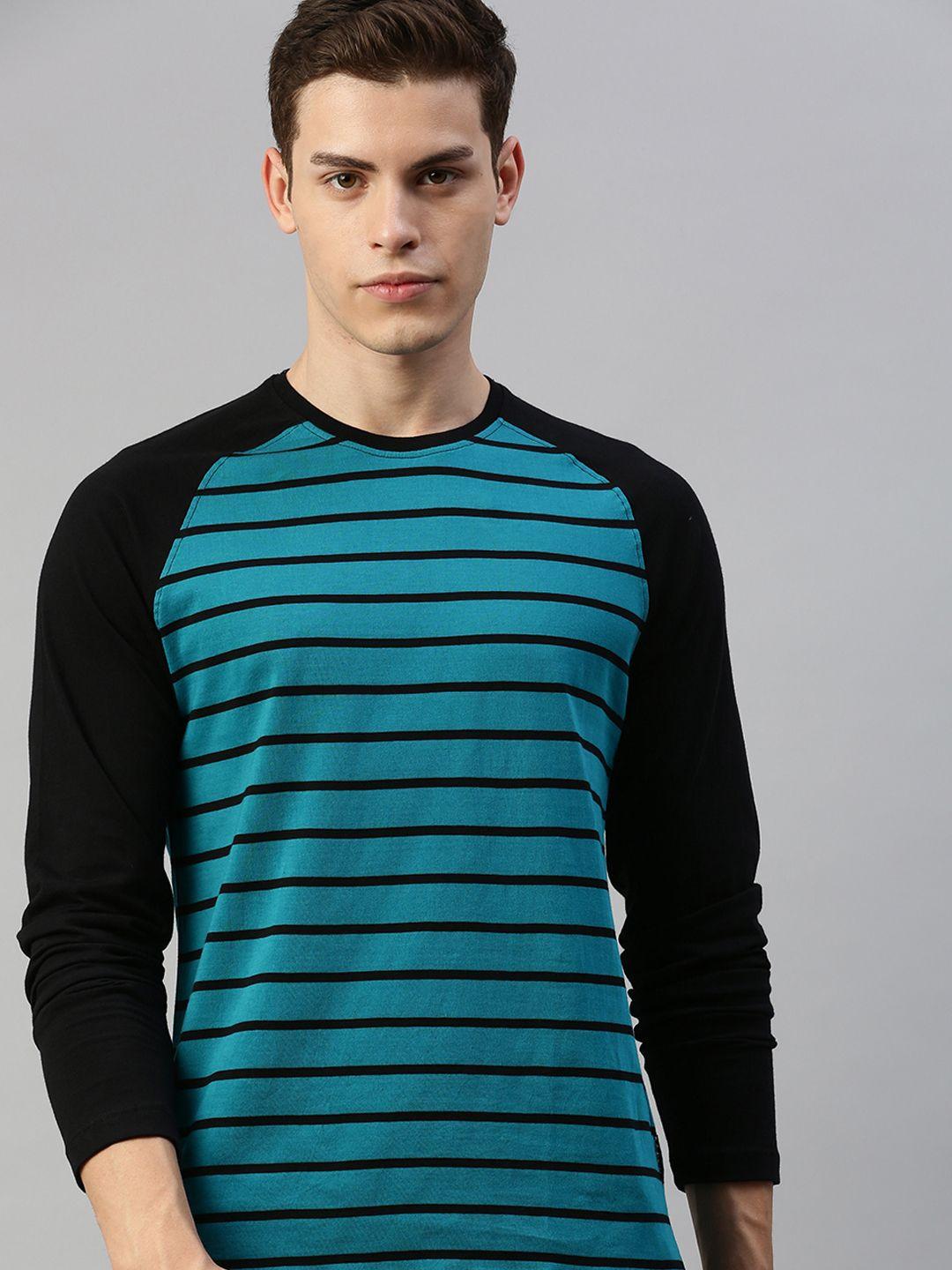 roadster men teal blue  black striped round neck pure cotton t-shirt