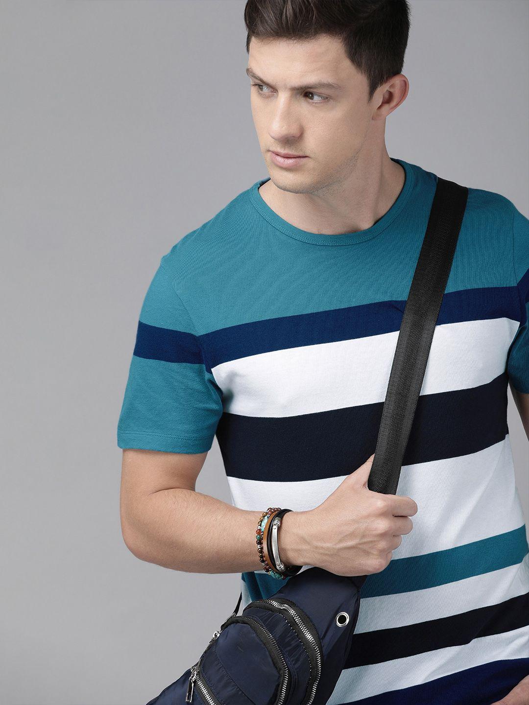 roadster men teal blue  white striped round neck pure cotton t-shirt