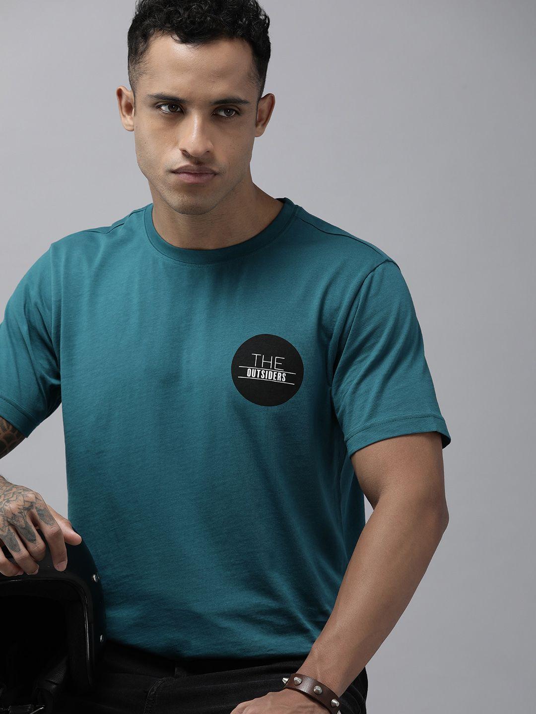 roadster men teal blue brand logo printed pure cotton t-shirt