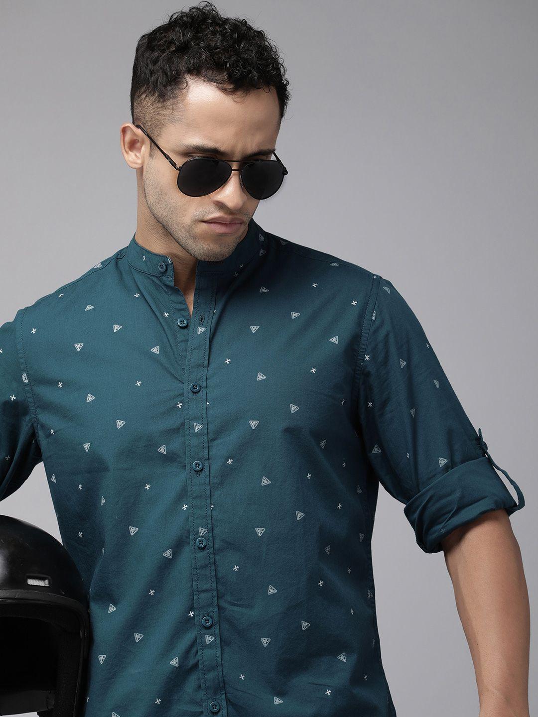 roadster men teal blue printed casual shirt