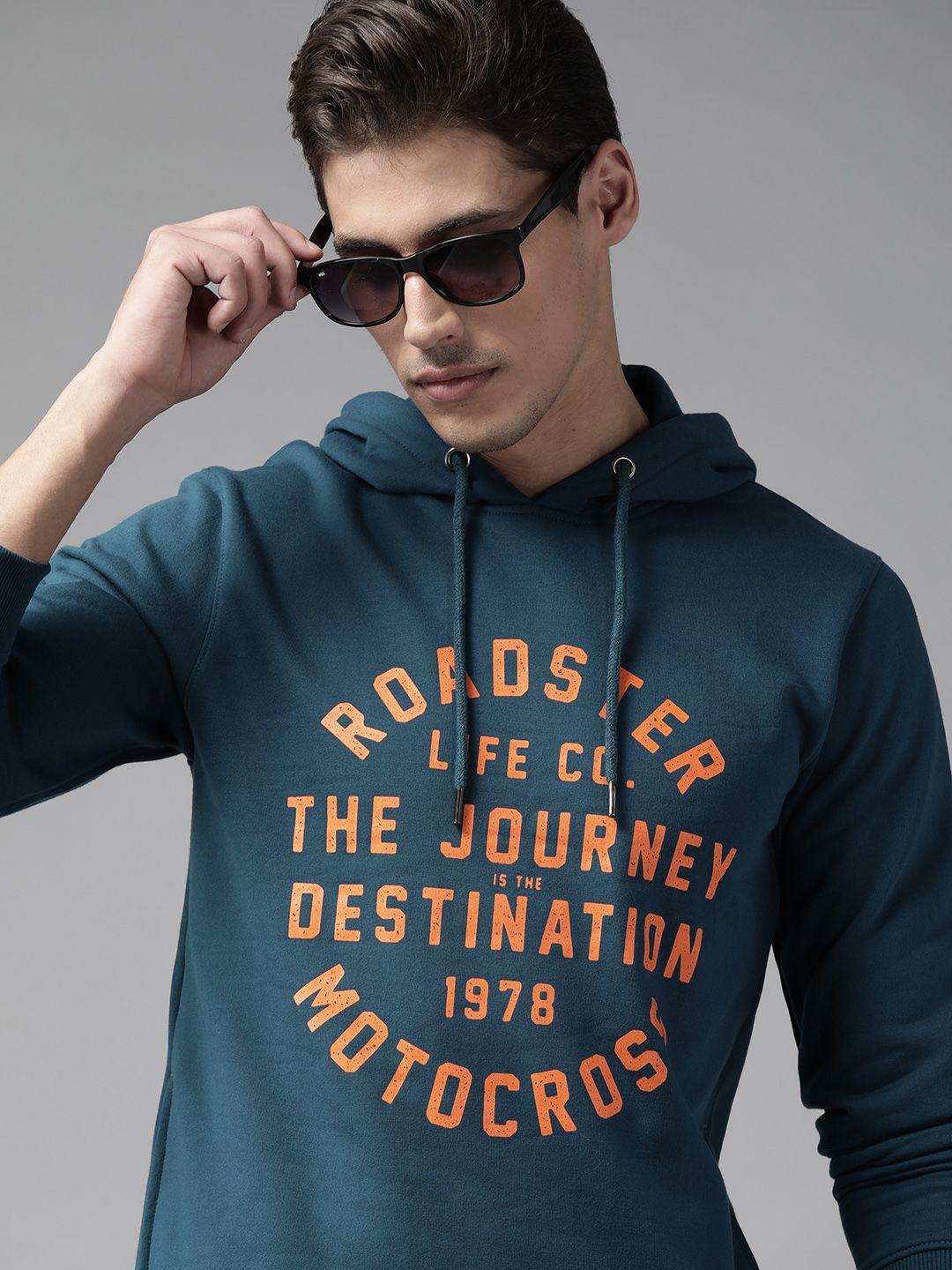 roadster men teal blue printed hooded sweatshirt