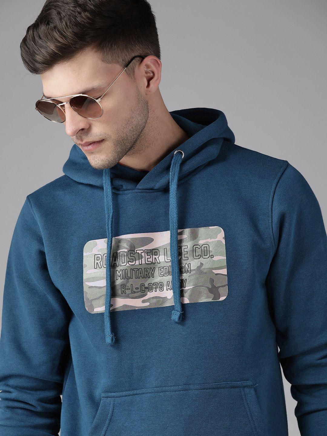 roadster men teal blue printed hooded sweatshirt