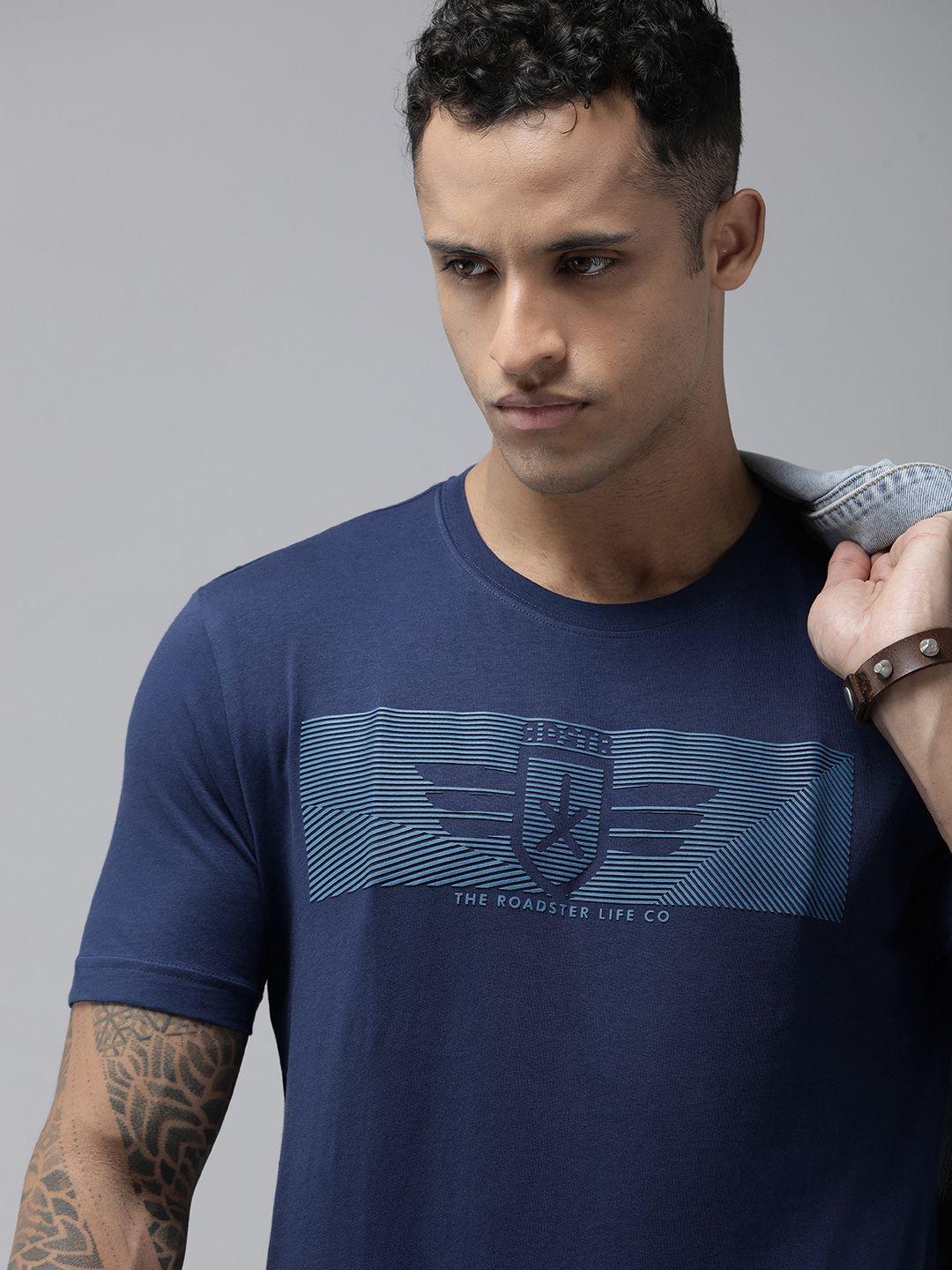 roadster men teal blue printed pure cotton t-shirt