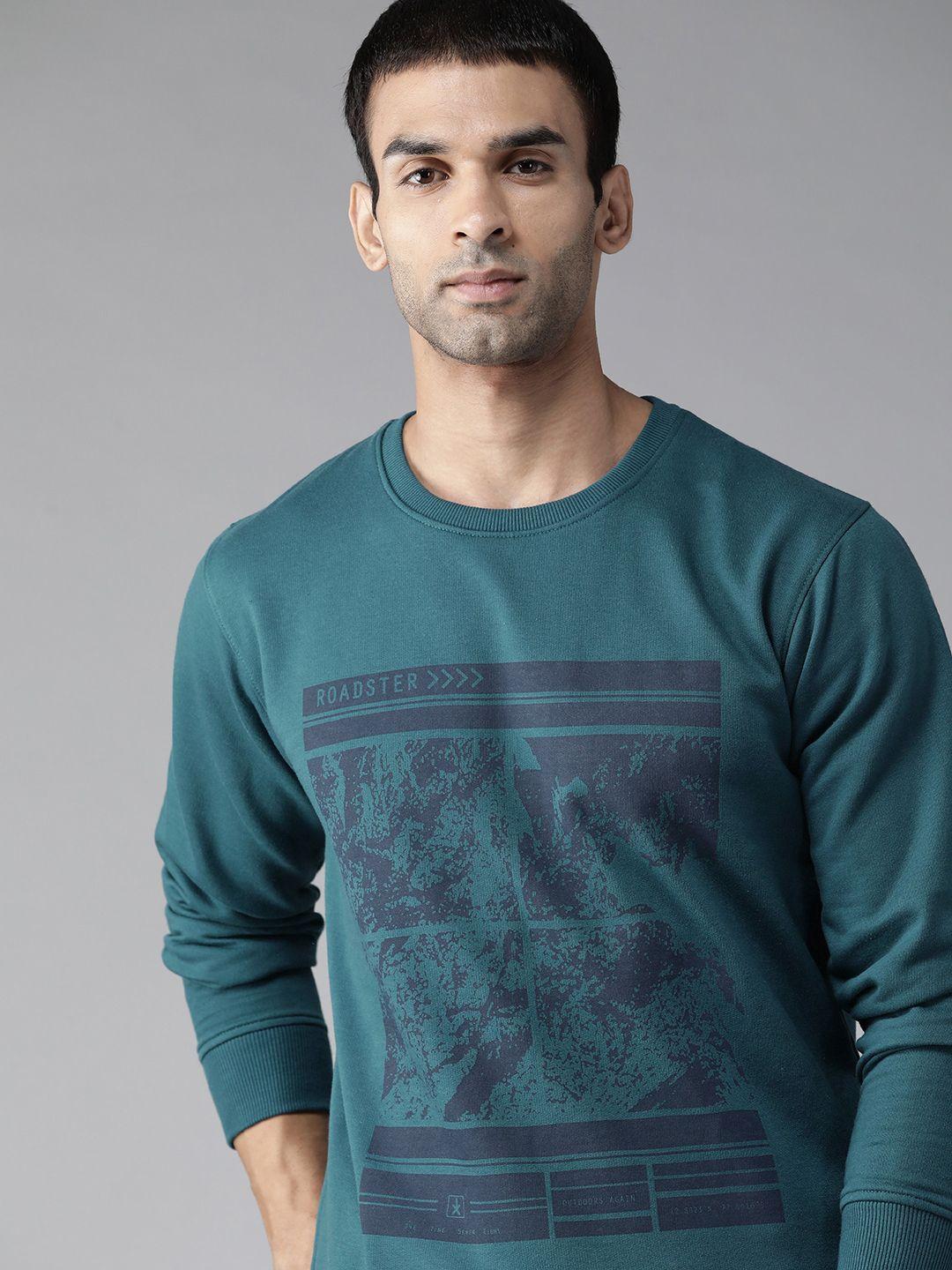 roadster men teal blue printed sweatshirt