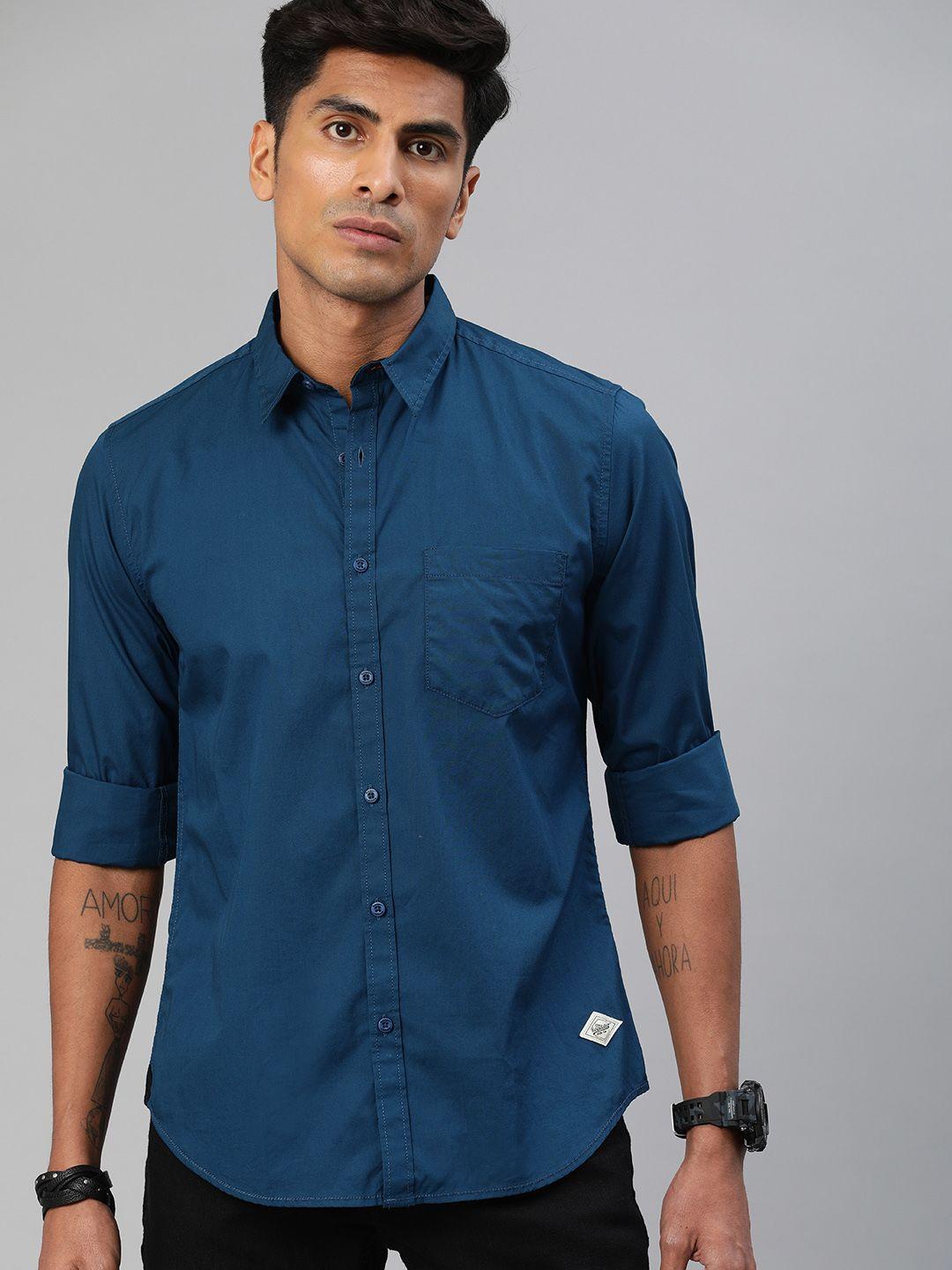 roadster men teal blue pure cotton sustainable casual shirt