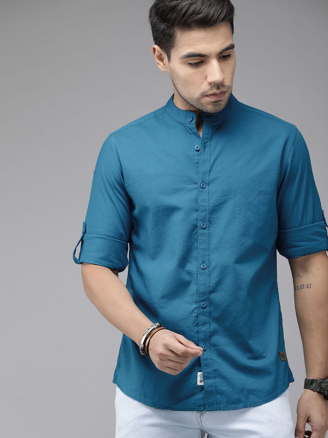 roadster men teal blue regular fit solid sustainable casual shirt