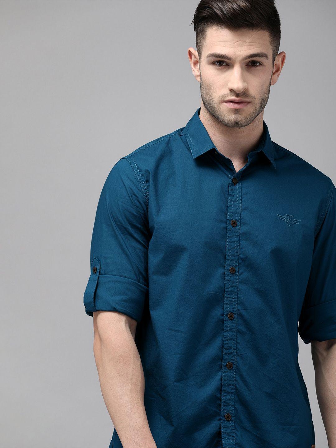 roadster men teal blue slim fit solid sustainable casual shirt