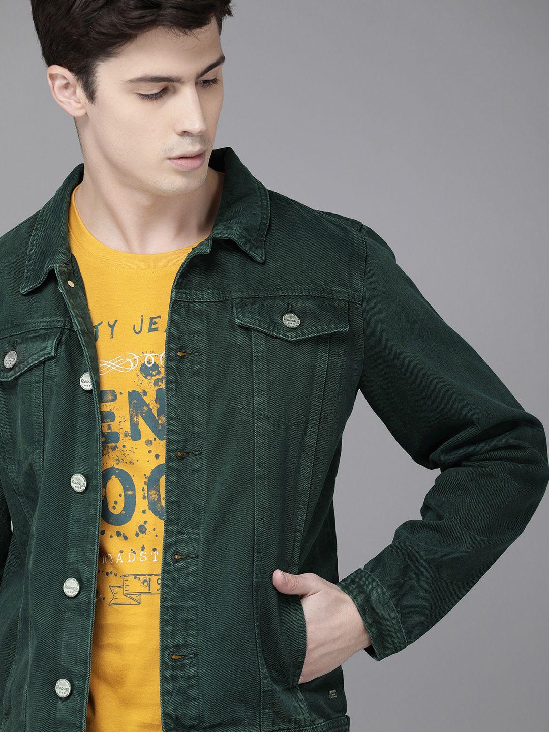 roadster men teal blue solid denim jacket