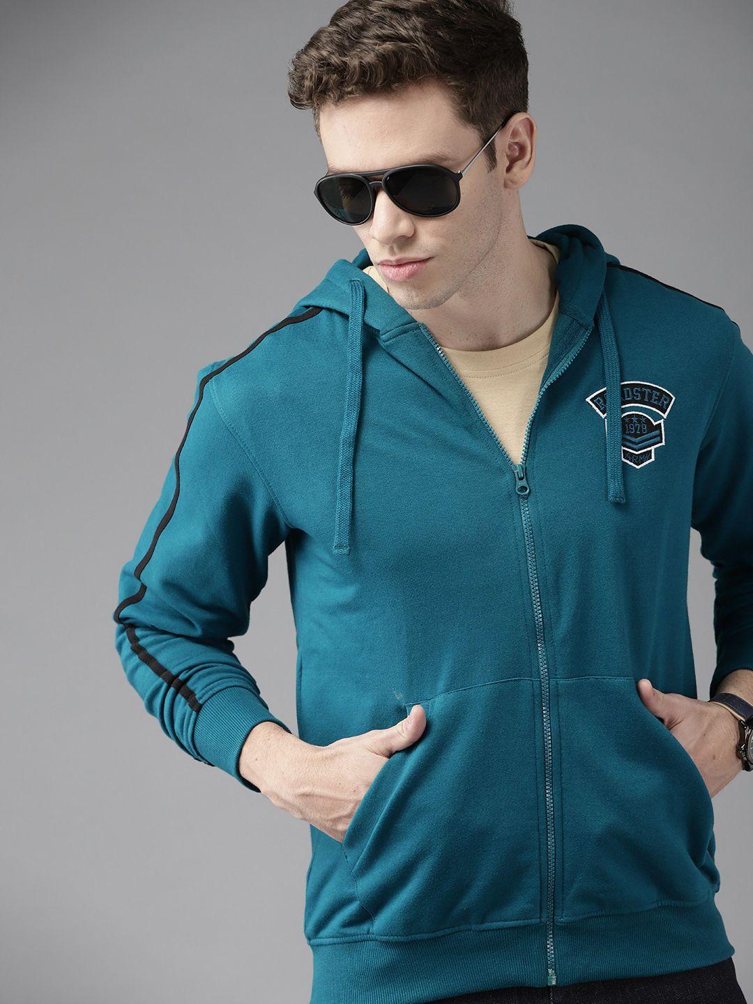 roadster men teal blue solid hooded sweatshirt with applique