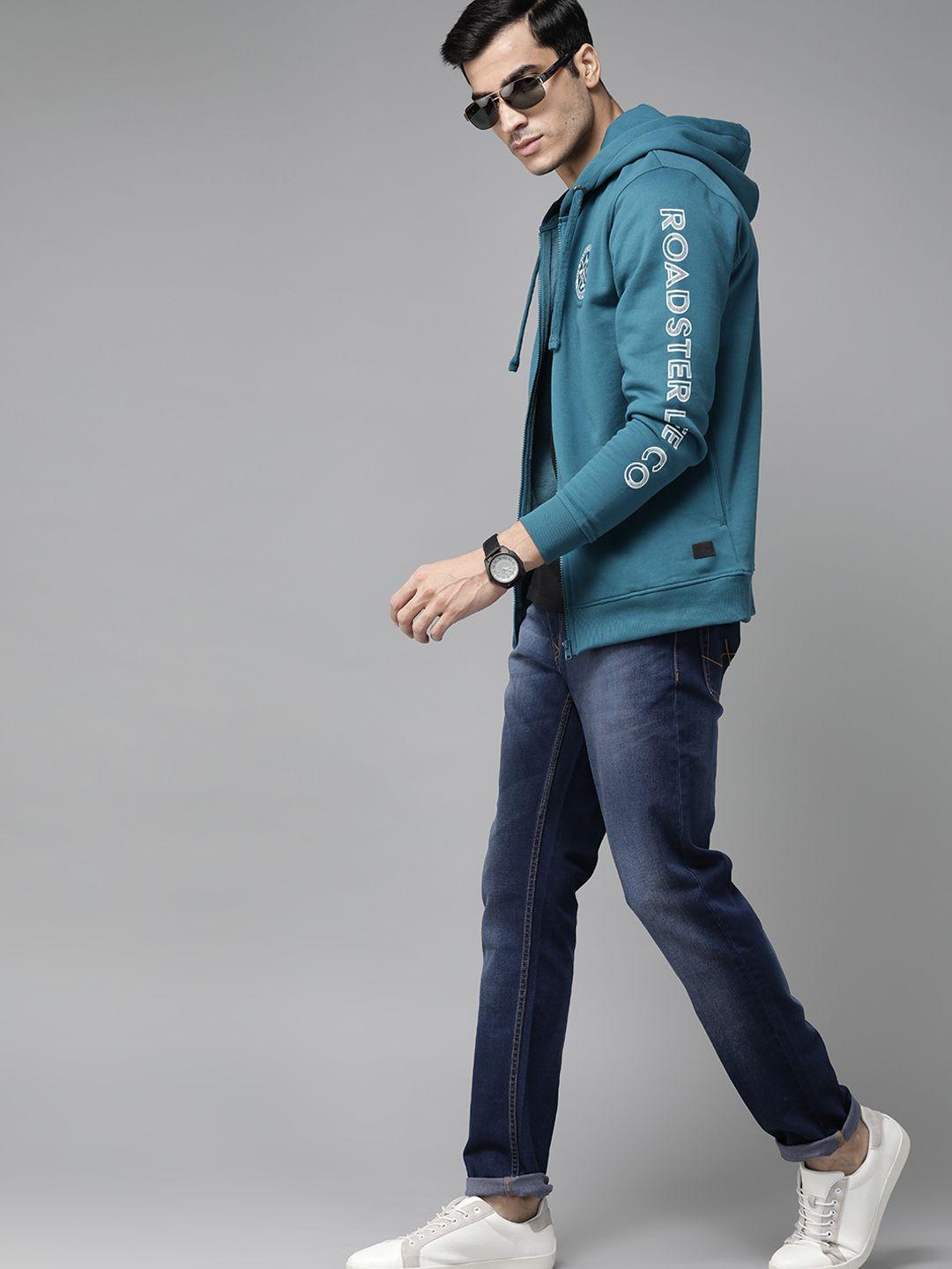 roadster men teal blue solid hooded sweatshirt