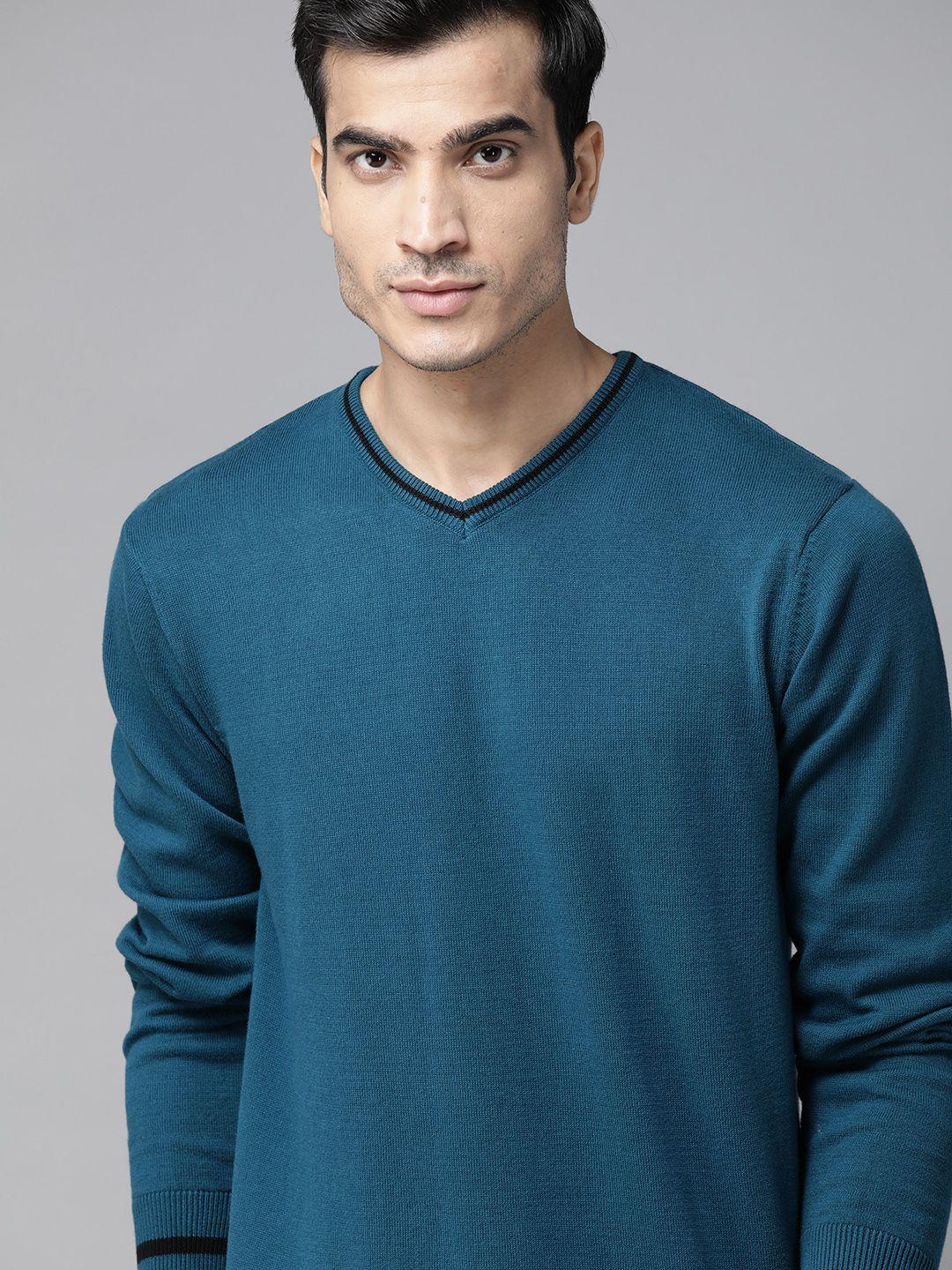 roadster men teal blue solid pullover sweater