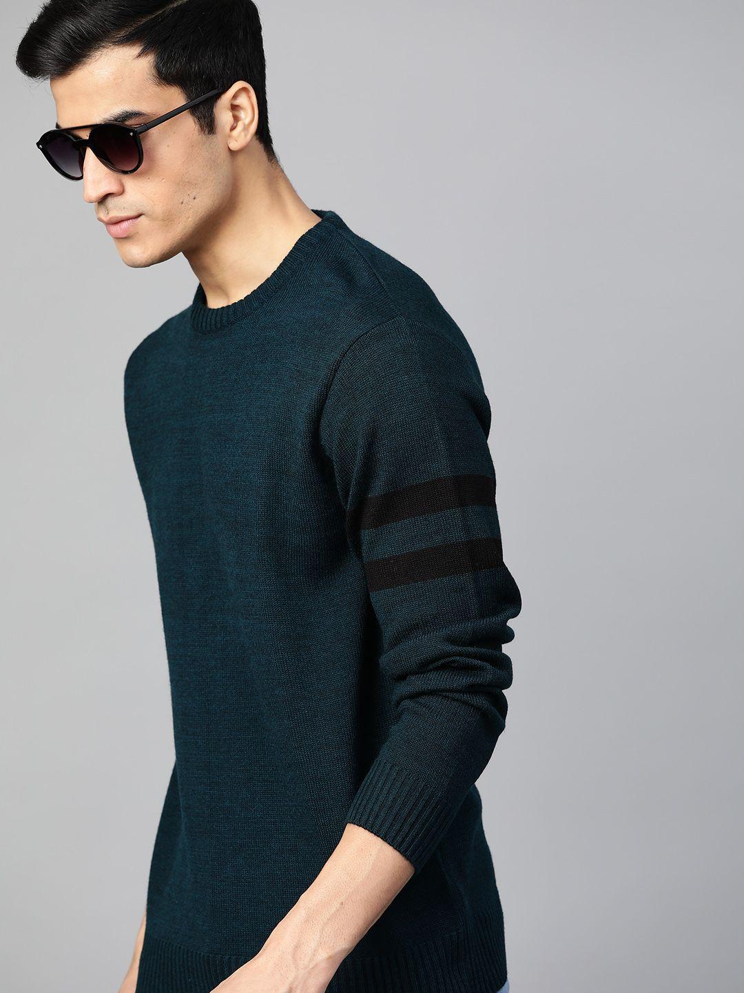 roadster men teal blue solid pullover sweater