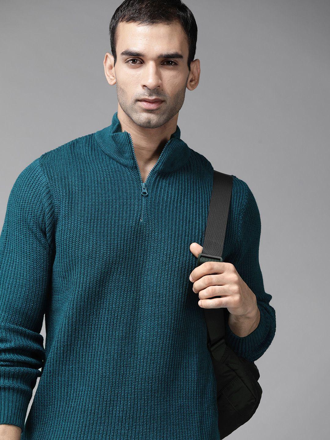 roadster men teal blue solid pullover