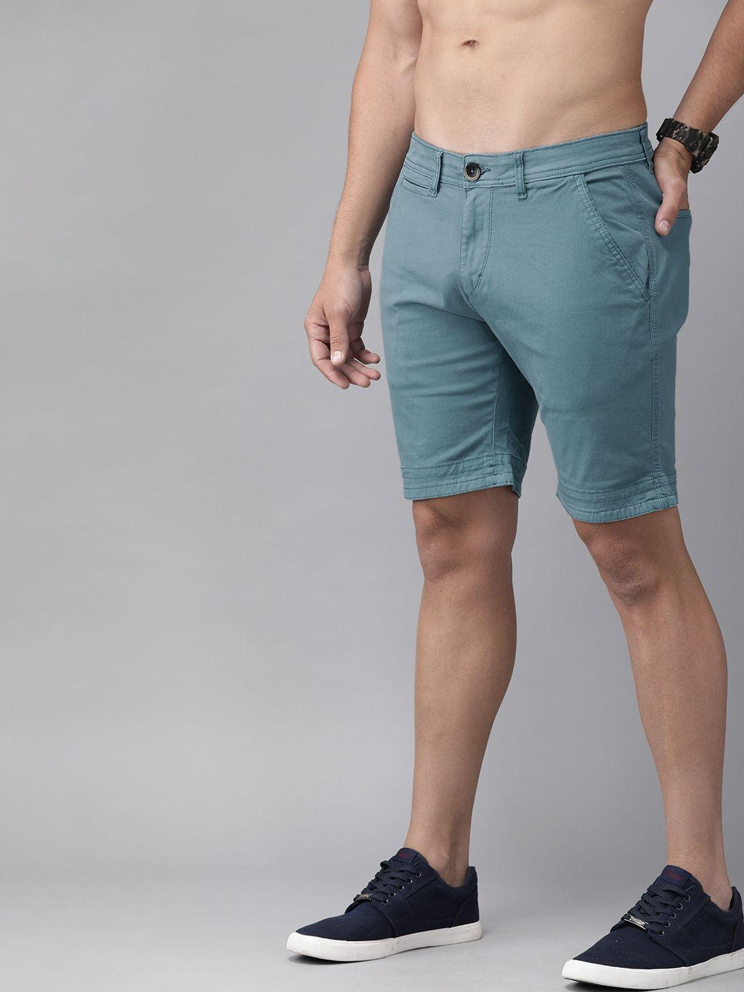 roadster men teal blue solid regular fit chino shorts