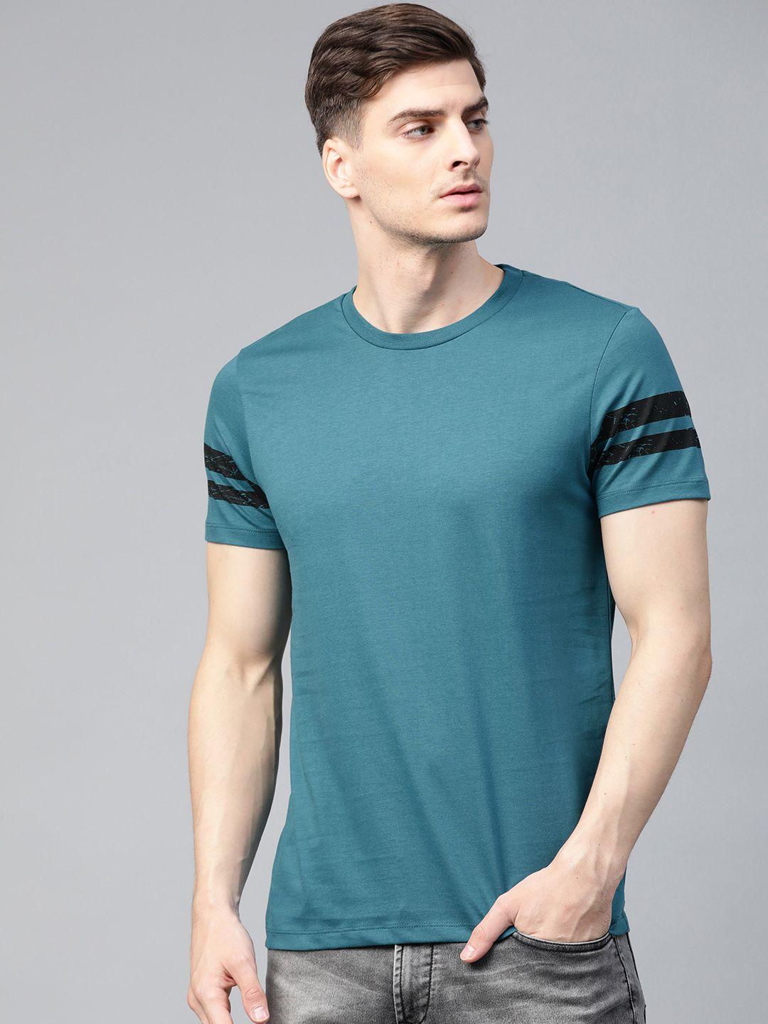 roadster men teal blue solid round neck pure cotton t-shirt