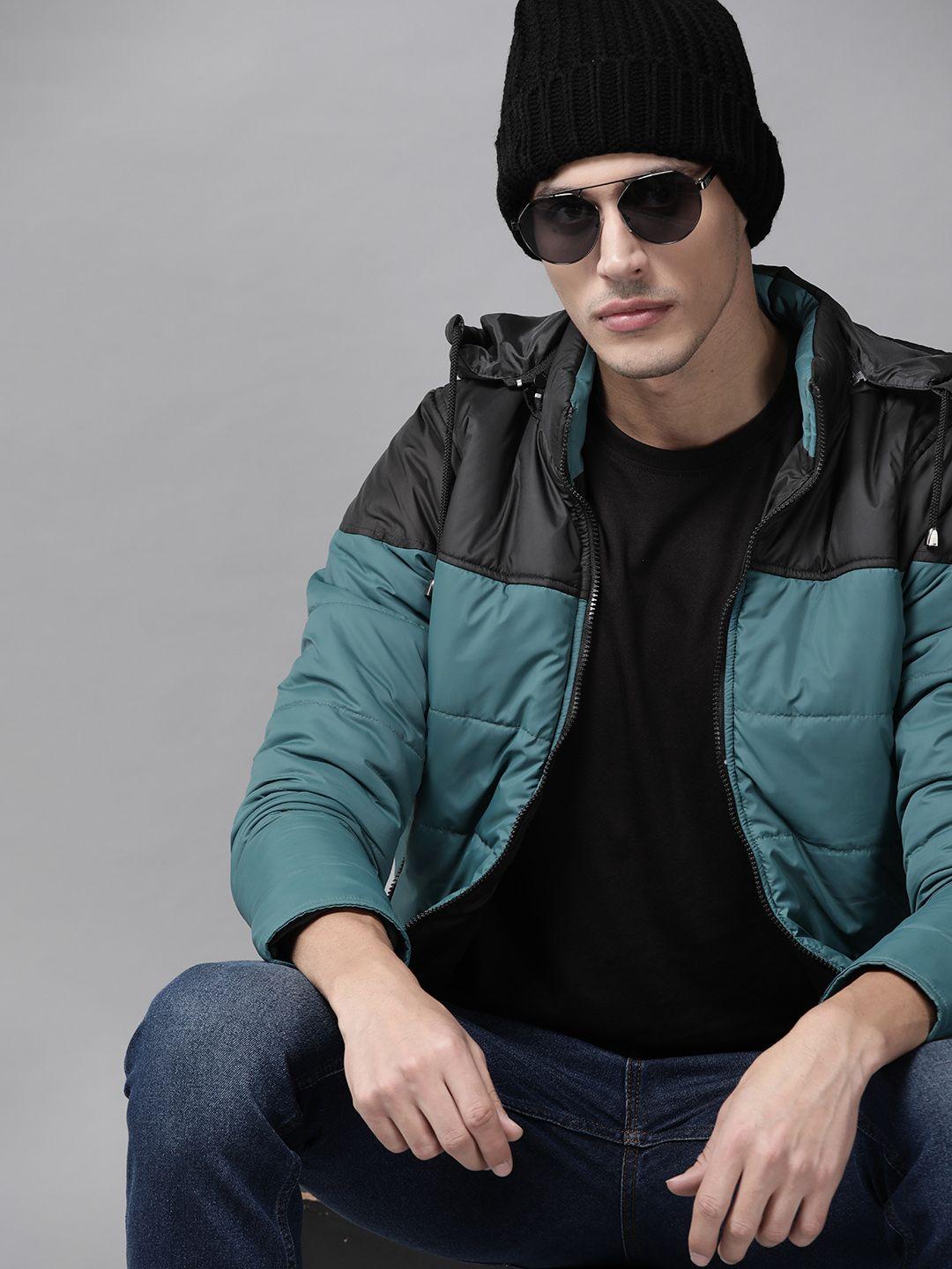 roadster men teal green & black colourblocked padded detachable hood jacket