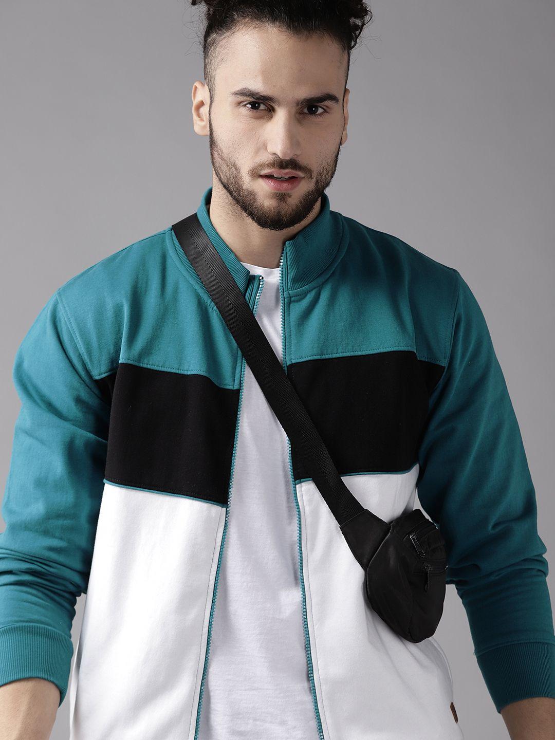 roadster men teal green & black colourblocked tailored jacket