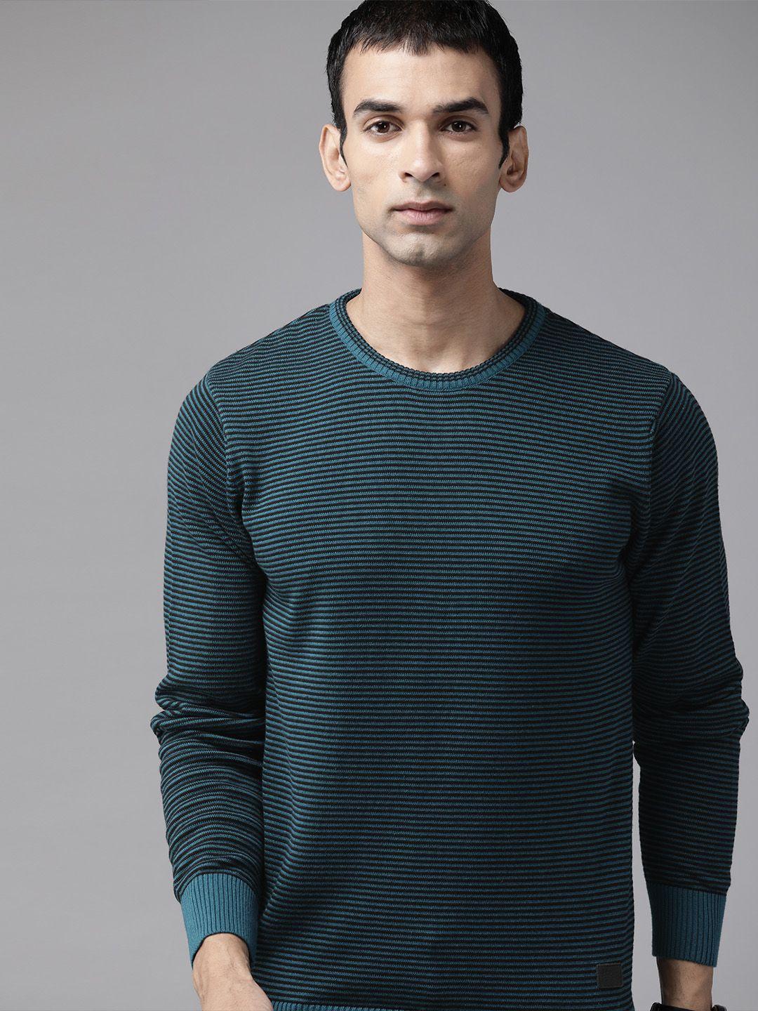 roadster men teal green & black striped pullover sweater