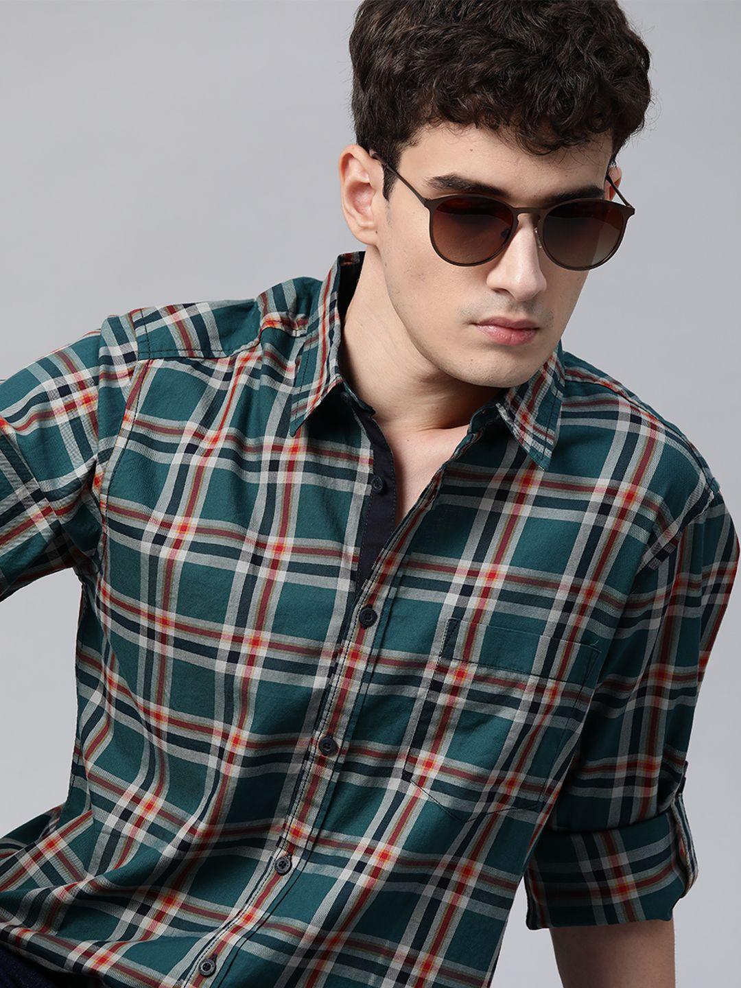 roadster men teal green & off-white tartan checks checked casual cotton shirt