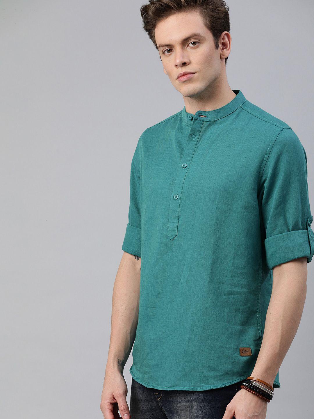 roadster men teal green regular fit solid casual shirt