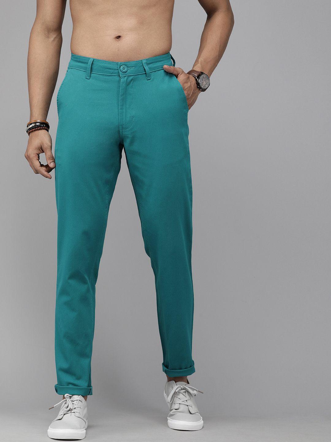 roadster men teal green regular fit solid chinos