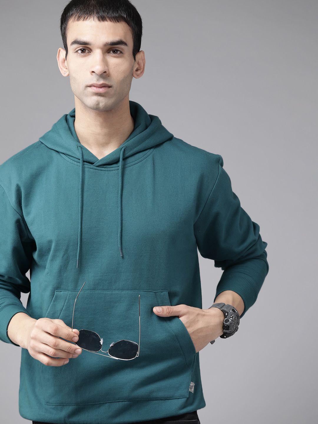 roadster men teal green solid hooded sweatshirt