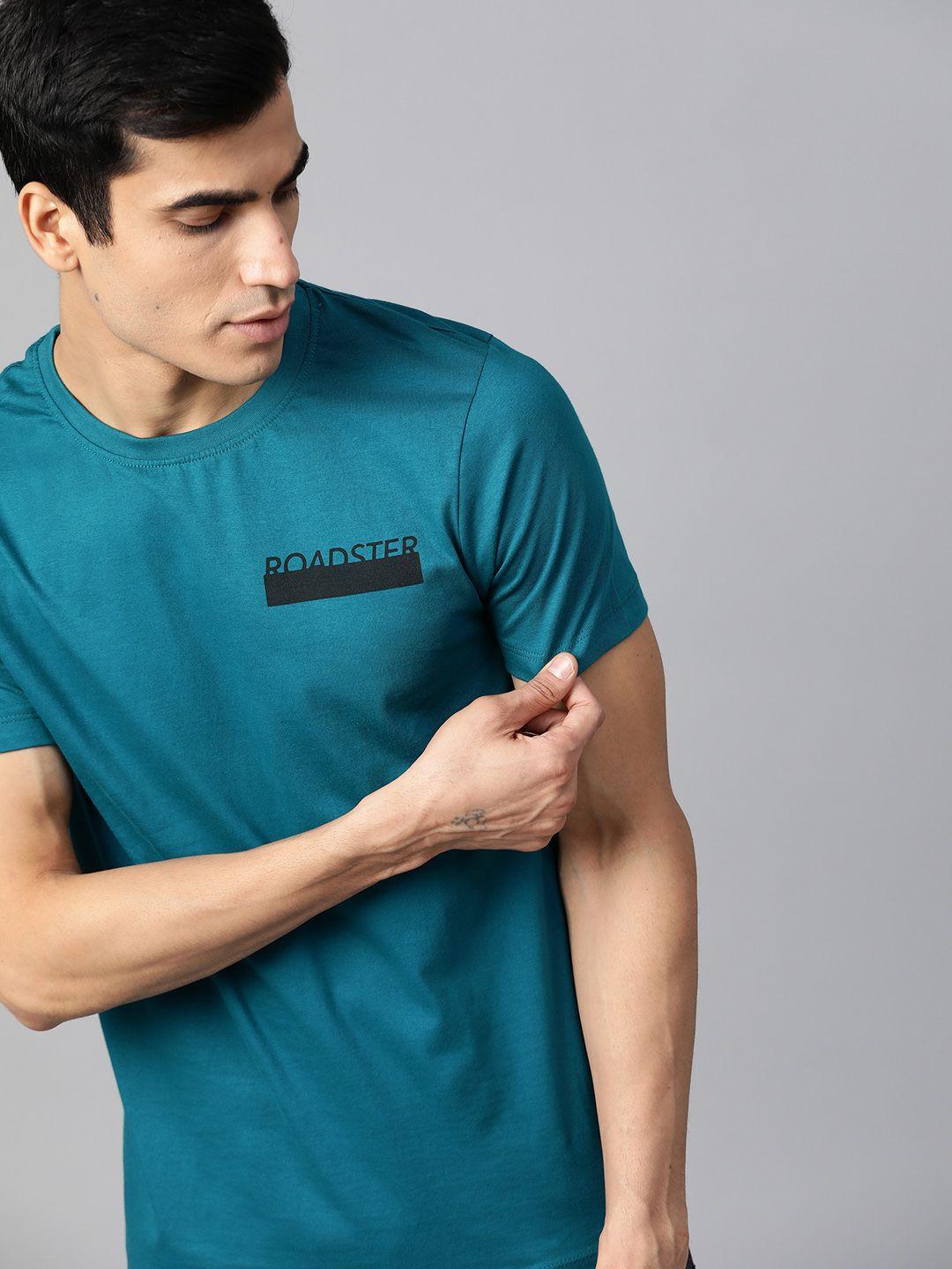 roadster men teal green solid round neck pure cotton t-shirt