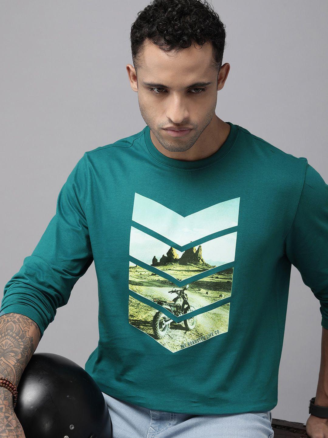 roadster men teal printed pure cotton t-shirt