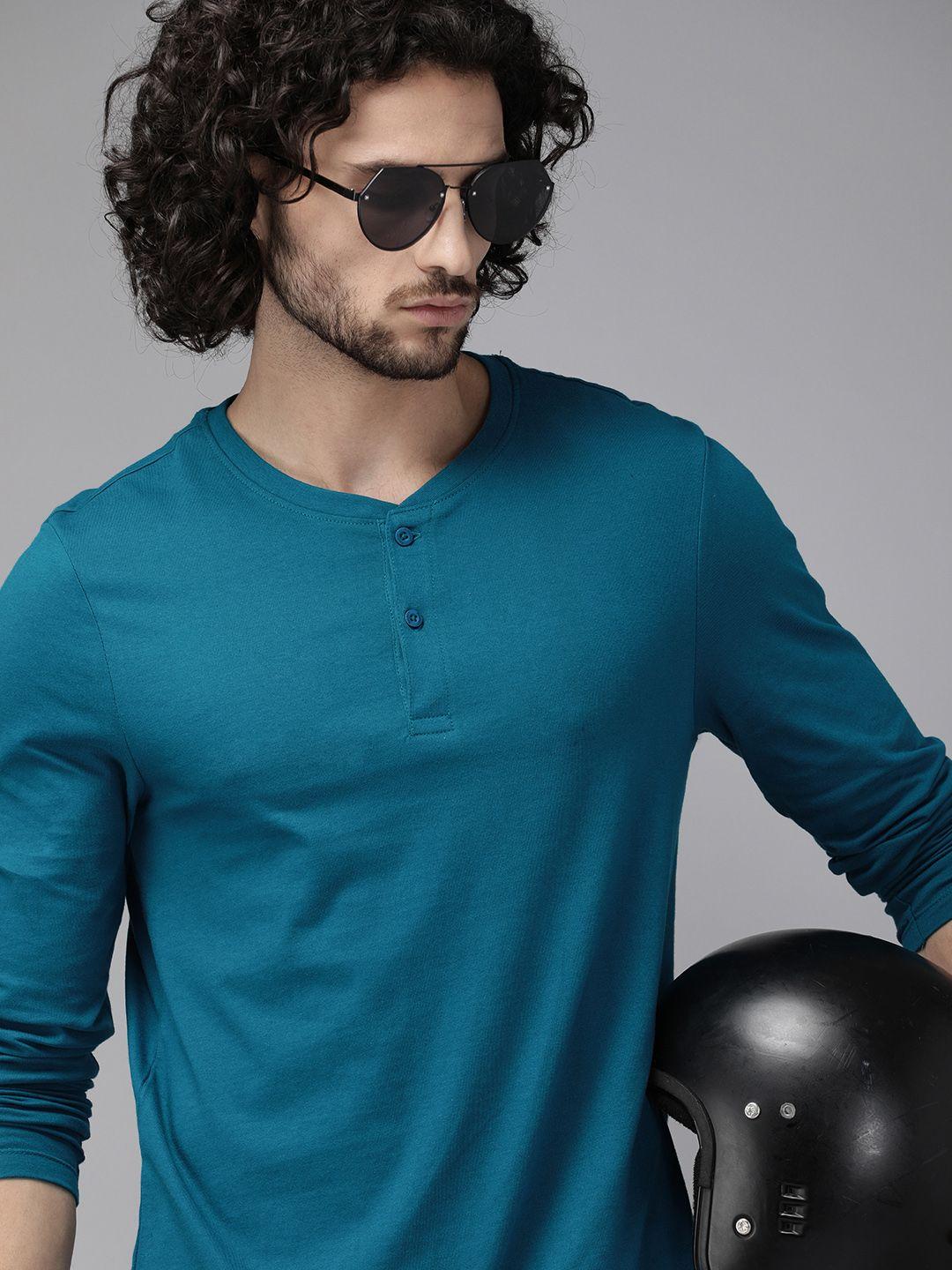 roadster men teal solid henley neck t-shirt