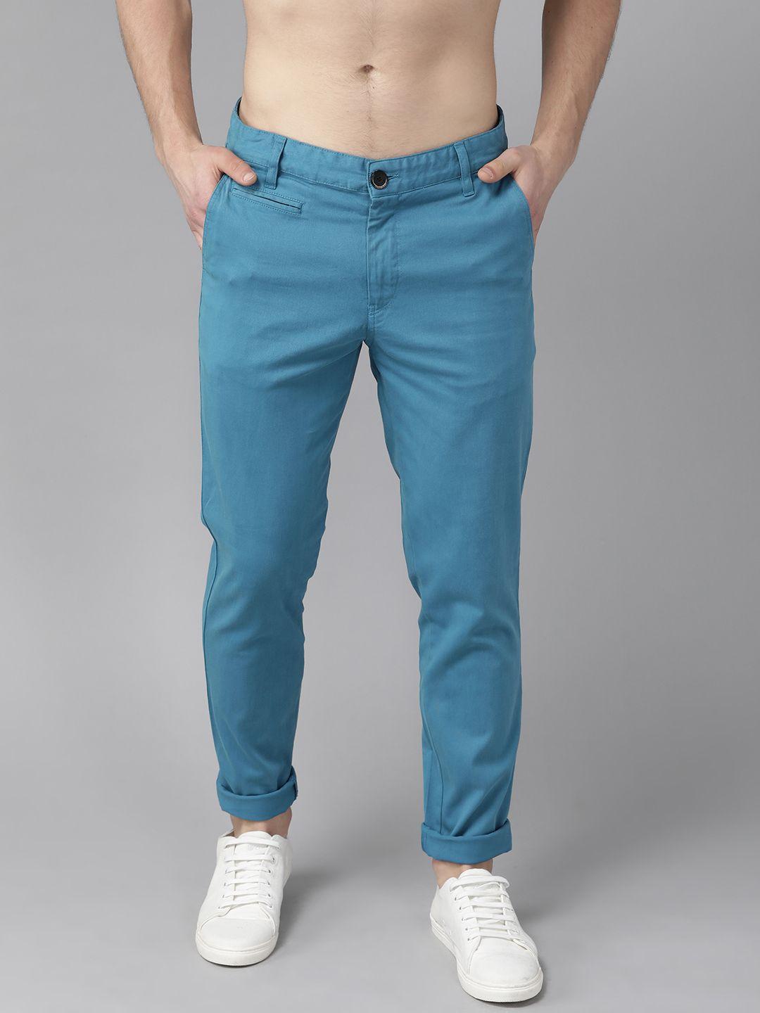 roadster men turquoise blue slim fit solid chinos