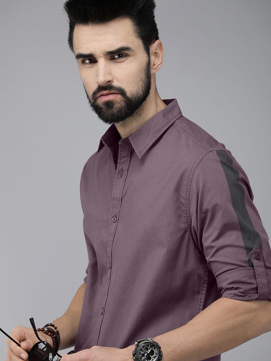 roadster men violet pure cotton casual shirt with striped detail