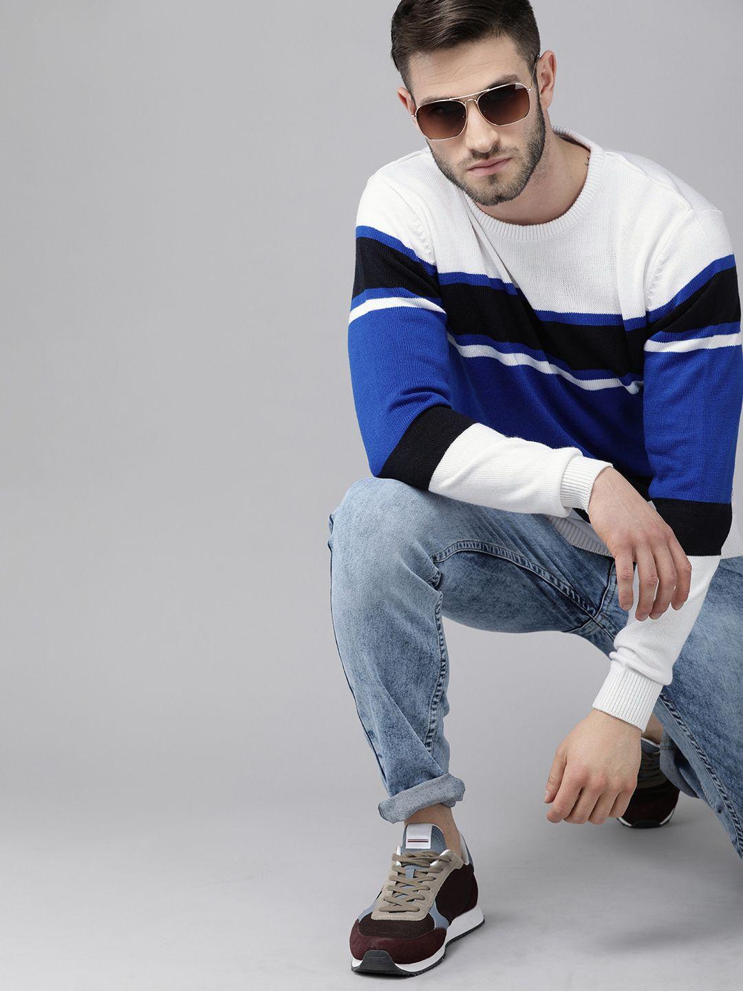 roadster men white & blue colourblocked acrylic regular pullover sweater